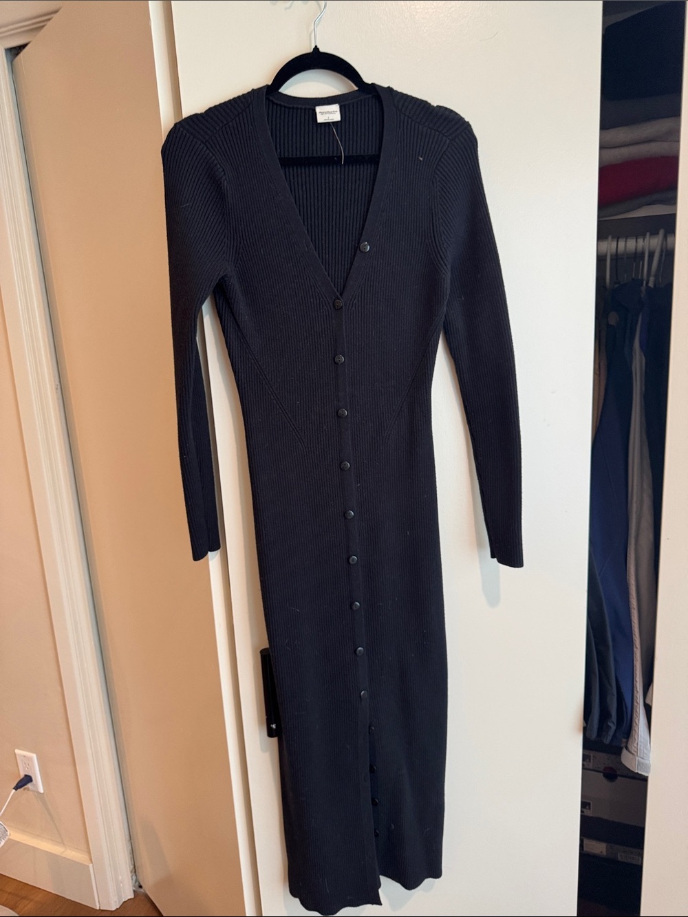Abercrombie & Fitch Black Ribbed Button-Front Maxi Dress